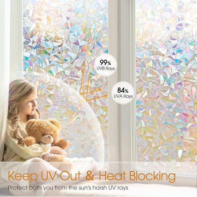 Beautyhero Window Privacy Film, Rainbow Reeded Glass Cling, 3D Decorative Coverings with UV Blocking, Static Cling for Bathroom Doors Cabinet