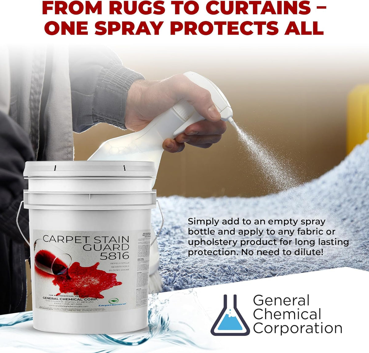 General Chemical Stain Shield Spray - Safe Fabric Protector Spritz and Stain Guard 5816 for Upholstery, Carpets, Rugs, Drapes & More - Impermeable Protectant Spray for Outdoor & Indoor Use - 5 Gallon