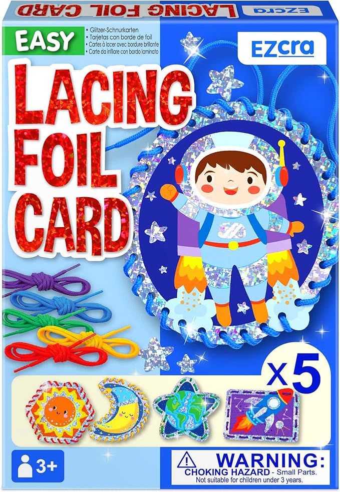 Premium Foil Edge Lacing Cards for Kids Ages 3-6 | 5 Double-Sided Space Sewing Cards with Multilingual Learning | Durable Cardboard Fine Motor Skills Activity Kit
