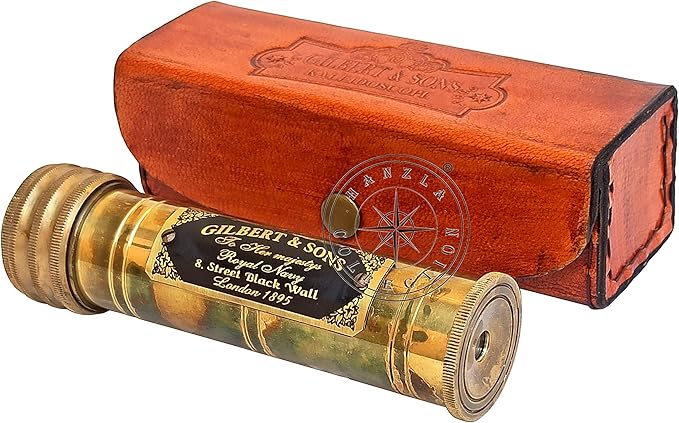 Gilbert & Sons Antique Brass Kaleidoscope Engraved Nautical Kids Gift with Leather Case Educational Gift Vintage Decor Collection
