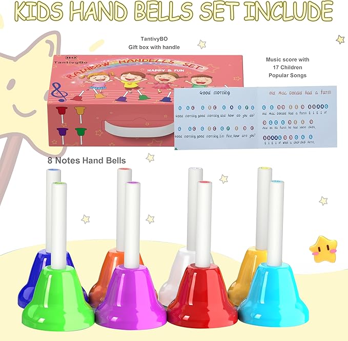 Hand Bells, 8 Note Musical Handbells Set with 17 Songbook Musical Toy Percussion Instrument for Toddlers Children Kids for Children's Day Family Activity School and Church (Multicolored)