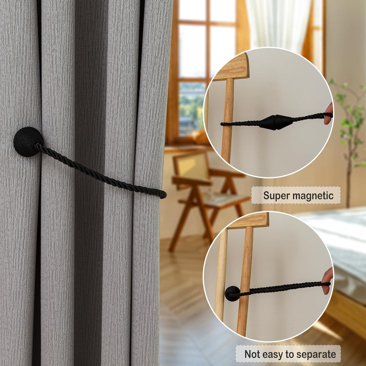 Magnetic Curtain Tiebacks 8 Pack Outdoor Rope Curtain Tie Backs Decorative Window Treatment Holdbacks for Home Decorative Curtain, Black