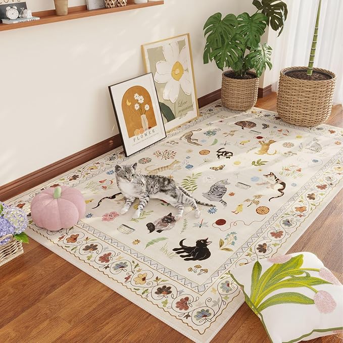 Rugcomf Area Rug 4x6 Rug Washable Boho Rugs Non Slip Low Pile Floral Animal Cat Small Carpet for Bedroom Bedside Kids Room Office Dining Room, Beige