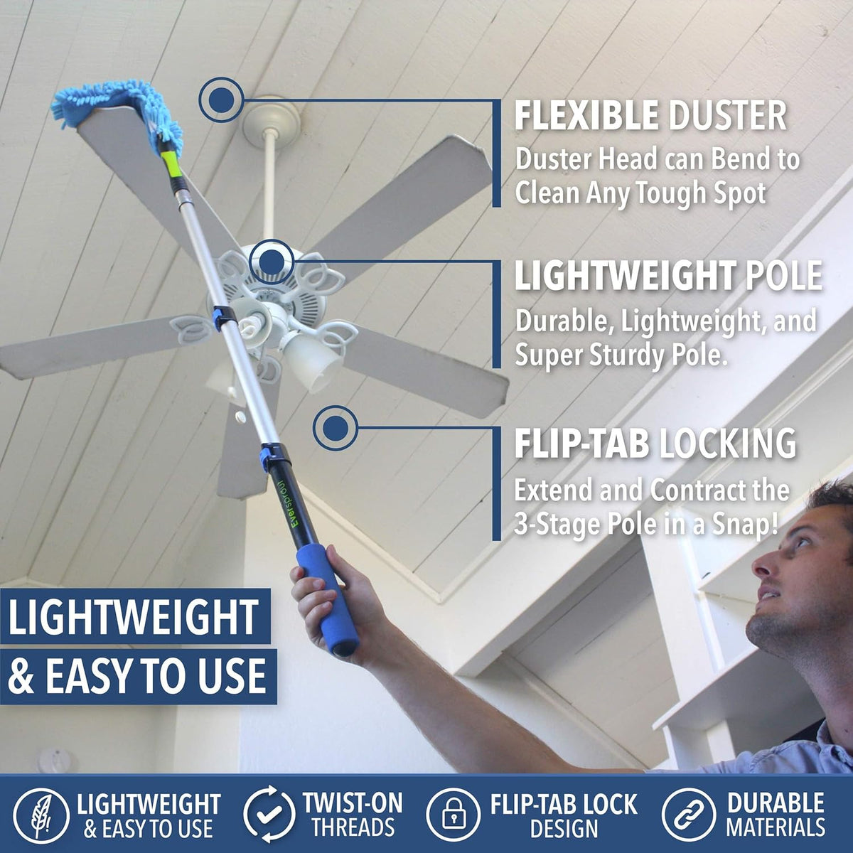 EVERSPROUT 3 Foot Flexible Microfiber Ceiling & Fan Duster | Bendable to Clean Any Fan Blade | Removable & Washable Brush Head | 3-Stage Lightweight Aluminum Extension Pole