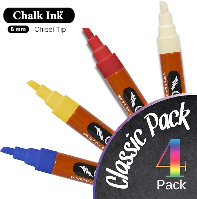 Chalk Ink Chisel Tip Wet Wipe Chalk Markers (6mm, Classic, 4 Pack)