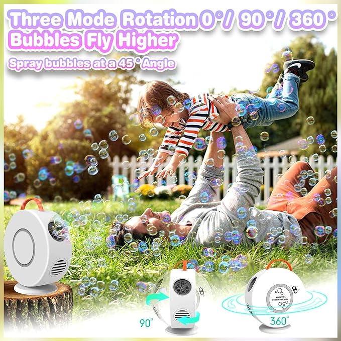 Bubble Machine for Kids Toddlers, Automatic Rechargeable Bubble Machine, 12000+ Bubbles Per Minute, Rotating 90°/360° Oscillating Electric Bubble Maker Outdoor Toys for Ages 3-5