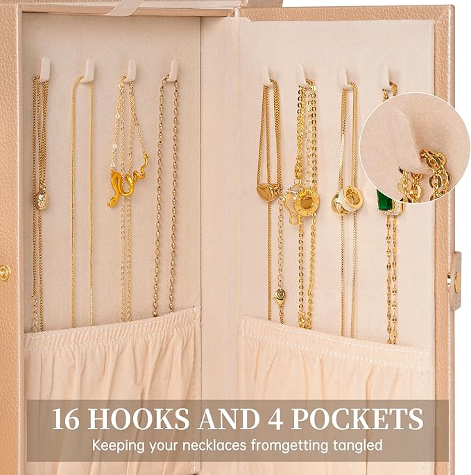 AKOZLIN 6-Tier Jewelry Box Organizer Functional 5 Drawers Leather Jewelry Storage Case for Women Girls Ring Necklace Earring Bracelet Holder Organizer with Mirror Champagne