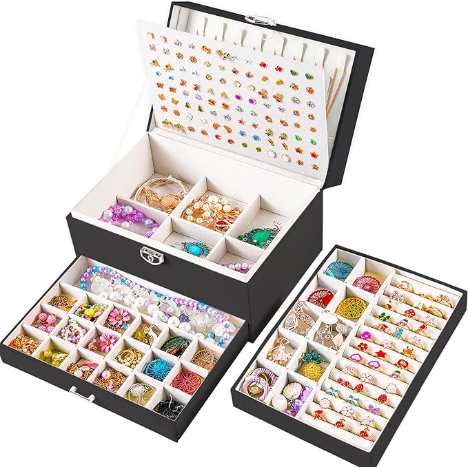 Earring Jewelry Box for Women Girls Stud Organizer, 5 Layers Black Jewelry Organizer Box With Lock Earring Holder Organizer Ring and Necklace Jewelry Box with Earrings Holder for Women Girls
