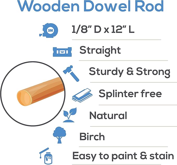 Wooden Dowel Rod, 1/8 Inch x 12 Inch Wood Dowels, Pack of 100 Wooden Dowels for Crafts, Unfinished Hardwood Wooden Dowels Rods, Strong Wood Rod Dowels for Crafting and DIYers