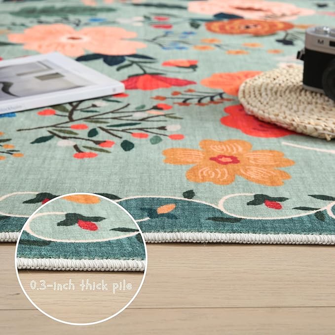 Rugcomf Area Rug 4x6 Rug Washable Boho Rugs Non Slip Low Pile Floral Small Carpet for Bedroom, Bedside, Kids Room, Office, Dining Room(Green)
