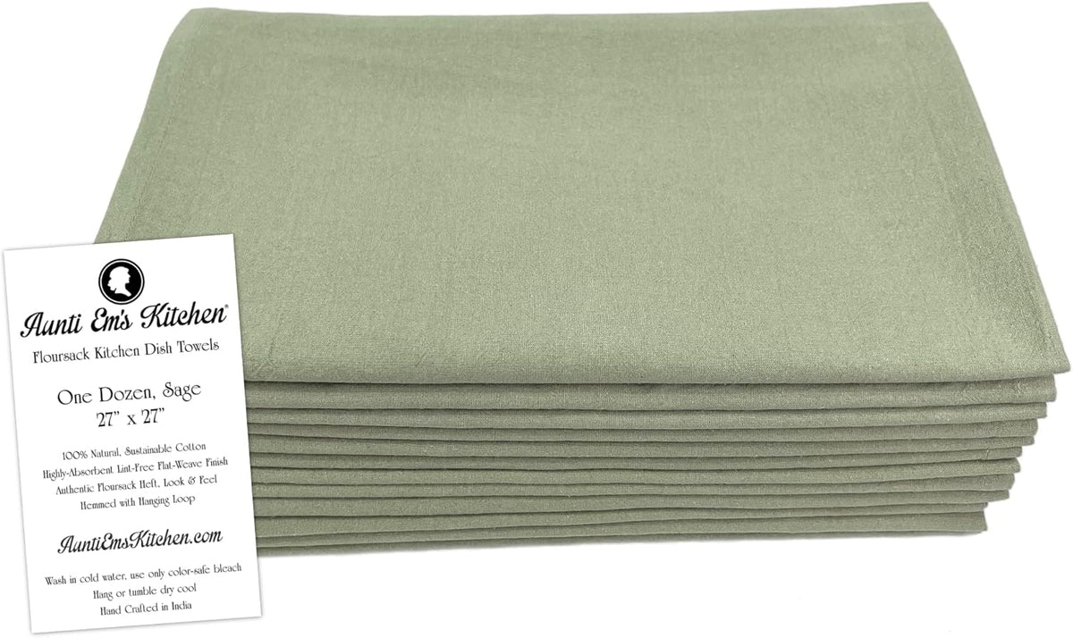 Aunti Em's Kitchen Flour Sack Dish Towels - Natural Cotton for Embroidery and Drying Glass, Hand, Dinnerware - Plain, Thick, Zero-Lint, Highly Absorbent - Set of 12, 27 x 27 Inch, Sage Green