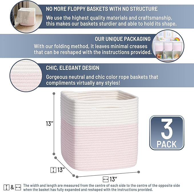 NaturalCozy 13 Inch Cube Storage Bins Cotton Rope Woven Baskets for Organizing 3-Pack | 13 x 13 Storage Cubes | Fabric Square Storage Baskets for Shelves Organizer, Kids Toy Bins, Closet Baby Nursery