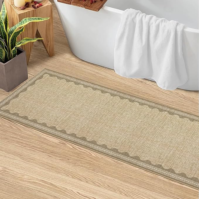 Scalloped Rug 2.5x10 Runners for Hallways, Solid Jute Non Slip Scalloped Bath Runner, Washable Rug for Bedroom Girls, Rugs for Kitchen Floor Soft Dorm Nursery Carpet for Bedside