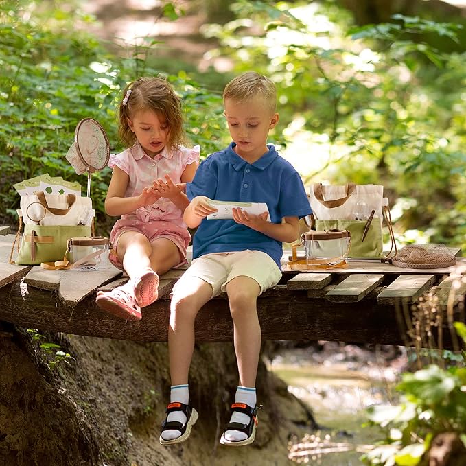 ROBOTIME 2Sets Bug Catcher for Kids, Sturdy Bug Catching Kit with Butterfly Net, Insect Box, Magnifying Glass, Tweezer, Clamp, Cards and Carry Bag, Bug Habitat Outdoor Explorer Kit for Kids 3-12