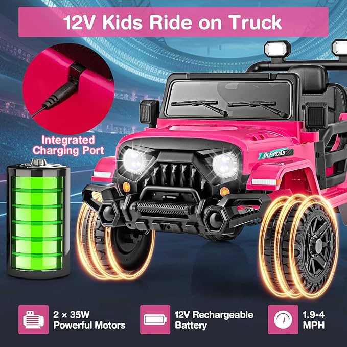 Costzon 12V Kids Ride on Truck Car, Electric Vehicle w/Remote Control, Threaded Wheels, 3 Speeds, LED Lights, Music, Horn & Wireless Connection, Battery Powered Ride on Toy for Boys & Girls 3+ (Pink)