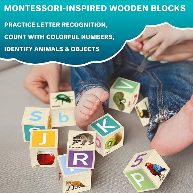 QUOKKA Montessori Wooden Blocks for Toddlers 1-3 - 35 Realistic ABC Learning Baby Blocks for Kids 3-5 Year Olds - Stacking Alphabet Wood Toys for 2-4 yo - Learn Letters Numbers