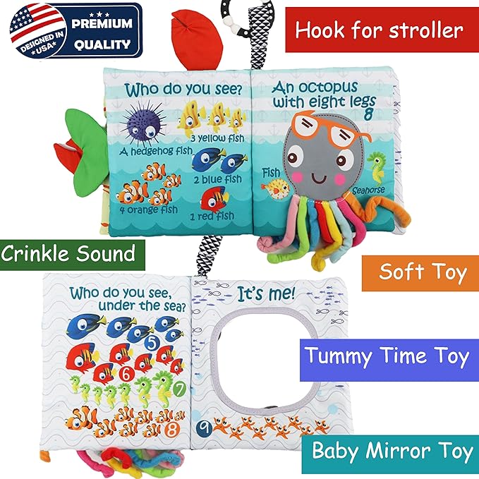 Fish Baby Book 0-6 Months,Touch Feel Cloth Crinkle Books for Babies,Infant Baby Toys 6-12 Months,Learning Education Soft Sensory Mirror Toy,Teether,Shower Gifts for Boys Girls-Gift Box