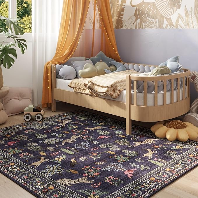 Rugcomf Living Room Rug 6x9 Rug Machine Washable Boho Area Rug Non Slip Floral Animal Vintage Low Pile Large Rug for Living Room, Bedroom, Farmhouse, Dining Room, Kids Playroom (Blue)