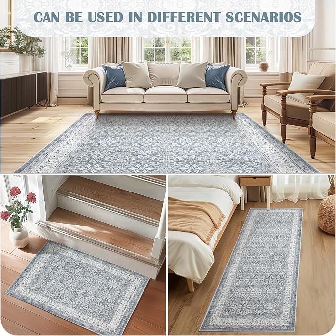 jinchan Hallway Runner Rug 3x7 - Machine Washable Grey Vintage Floral Distressed Design Soft Non-Slip Low-Pile Ultra-Thin Runner Rug for Kitchen Laundry Room Bedroom Farmhouse (3‘x8',Grey)