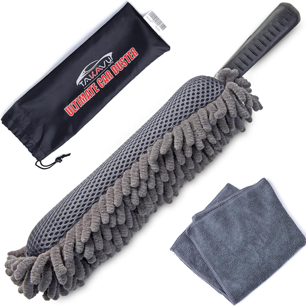 TAKAVU Car Duster Interior - Double-Sided Microfiber with Comfort Handle - Lint & Scratch-Free Cleaning for Cars, Trucks, RVs (Includes Towel & Storage Bag)