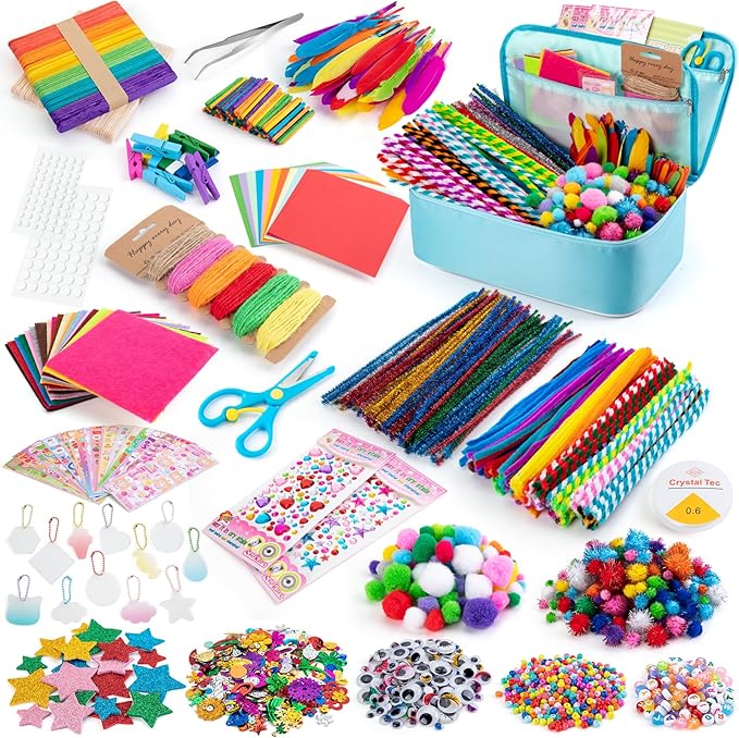 Sundaymot Arts and Crafts Supplies for Kids, 2000+Pcs DIY Craft Kits, Ages 6-10, Unisex, Multicolor, Modern, Includes Oxford Cloth Bag, Safetu Scissors