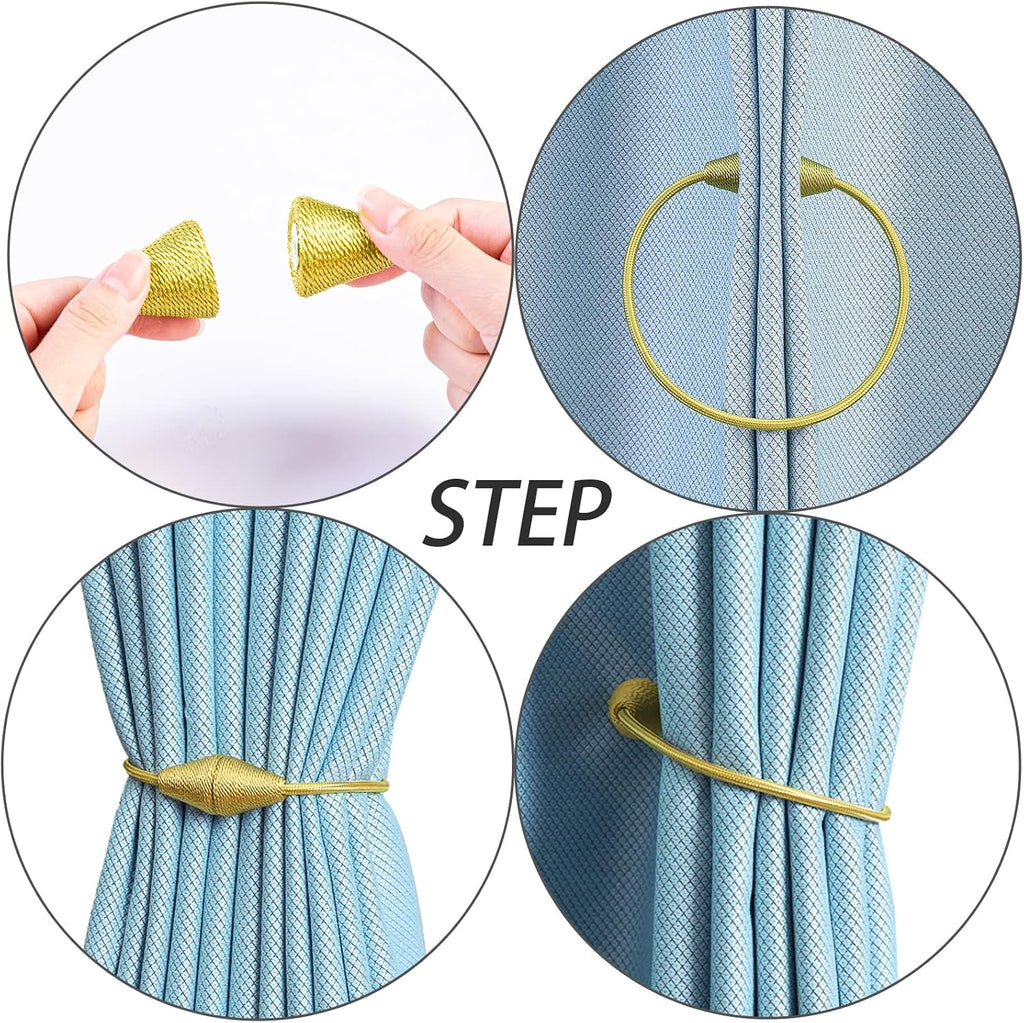 2 PCS Magnetic Curtain Tiebacks, European Style Convenient Drape Tie Backs Holdbacks for Thin or Thick Home & Office Window Draperies, No Tools Required-Gold Bright