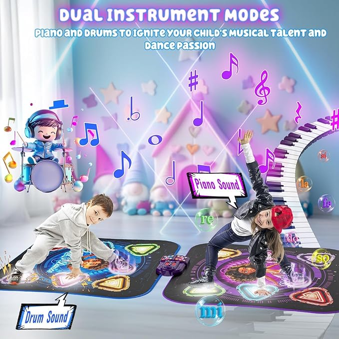 Dance Mat, 2025 Rechargeable Light-Up 2-Player Opposing Dance Pad with Bluetooth, 12-Button Music Dancing Toy, Christmas Birthday Gift for 3-12 Year Old Boys Girls