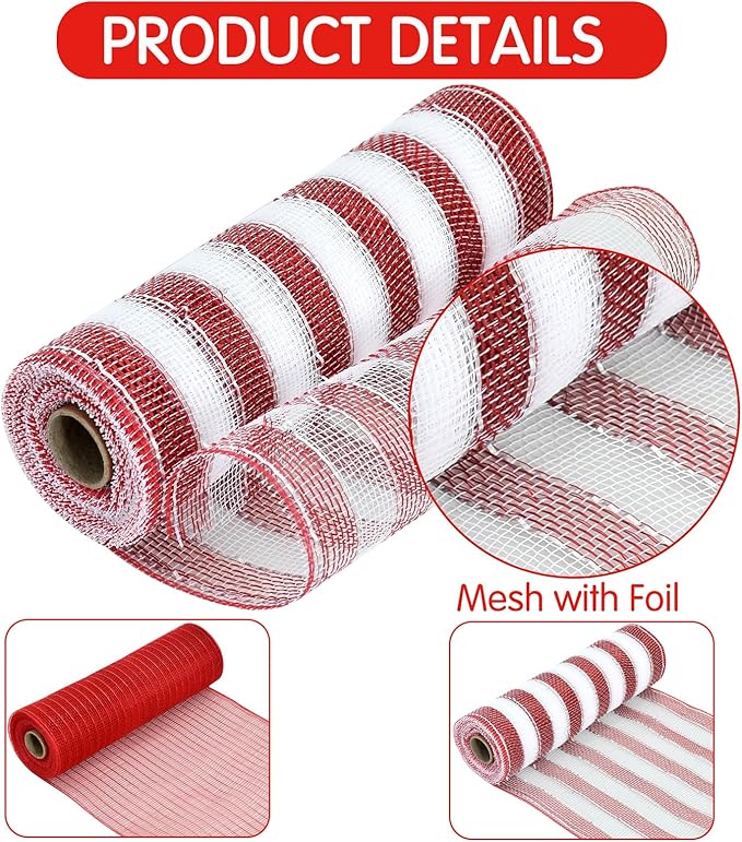 TONIFUL 4 Roll 10 Inch Red Striped Decorative Mesh Ribbon Rolls, Fabric Mesh with Foil for Wreaths Front Door Decor Christmas Festival Party Accessories Party Decoration Supplies (10yds/roll