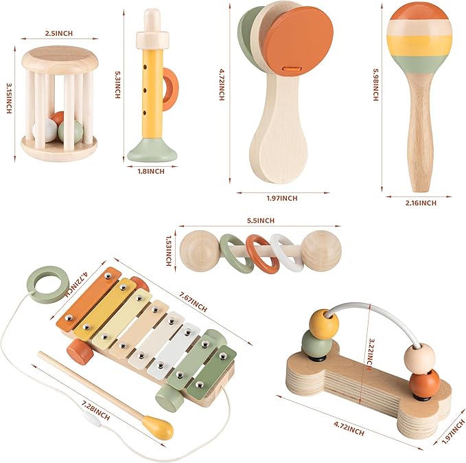 VINJOE Baby Musical Instruments-Toddler Montessori Wooden Musical Toys for Kids, Neutral Colors Percussion Instruments Set Early Learning Musical Toys for Preschool Educational Birthday Gifts