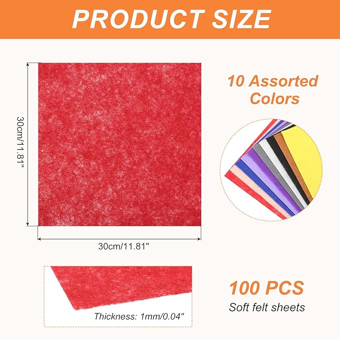 MECCANIXITY Felt Square Shape Craft Felt Sheets 11.81Inch x 11.81Inch for Home Decor Party Crafting Art, 10 Colors, Pack of 100