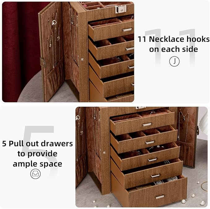 6 Tier Jewelry Box, Jewelry Case with 5 Drawers, Large Storage Capacity, with Mirror, Lockable, Jewelry Storage Organizer, Gift for Loved Ones