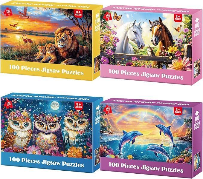 4-Pack Puzzles for Kids Ages 6-8 8-10 Year Old - Lions Horses Owls Dolphins, Large Piece Puzzles for Seniors, 100 Pieces Jigsaw Puzzles for Kids Ages 4-6, Learning Educational Toys for Boys and Girls