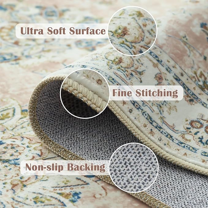 jinchan Washable Area Rug 5x7 Ultra-Thin Low Pile Non Slip Stain Resistant Soft Faux Wool Spring Floral Distressed Vintage Carpet for Bedroom,Living Room,Dining Room,Kitchen,Nursery(Pink, 5' x 7')