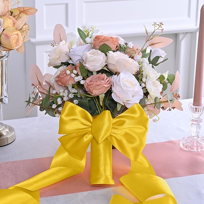 Yellow Gold Satin Ribbon 3 Inch X 15 Yards Solid Color Double Faced Ribbons Perfect for Crafts Wedding Decor Bow Making Arts Sewing and More