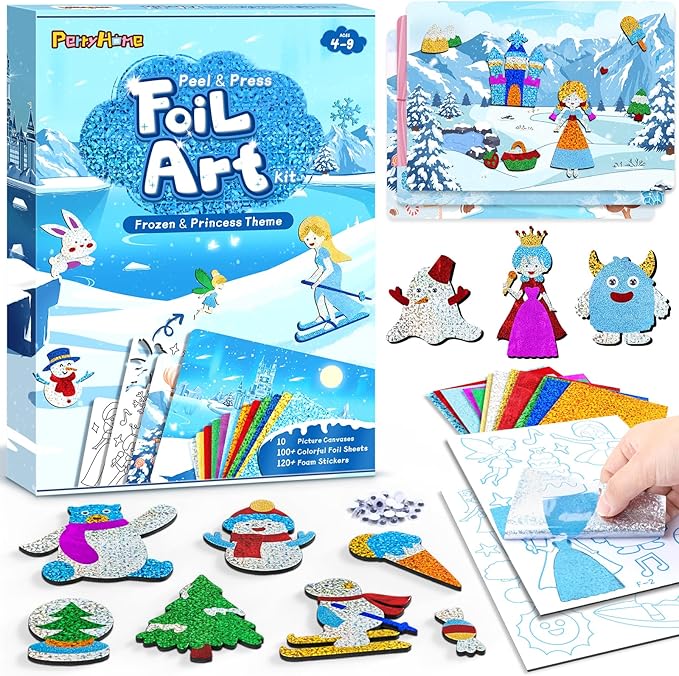PERRYHOME Foil Arts & Crafts for Kids-DIY Frozen Fun Foil Art Kit Toys,Mess Free Coloring,Kids Car Airplane Travel Activities Toys,Birthday Christmas Gifts for Girls Children Toddler Ages 4-9