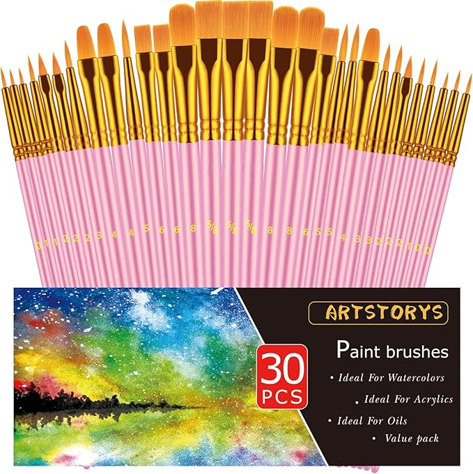 Paint Brushes Set, 30 Pcs Paint Brushes for Acrylic Painting, Oil Watercolor Acrylic Paint Brush, Artist Paintbrushes for Body Face Rock Canvas, Kids Adult Drawing Arts Crafts Supplies, Pink