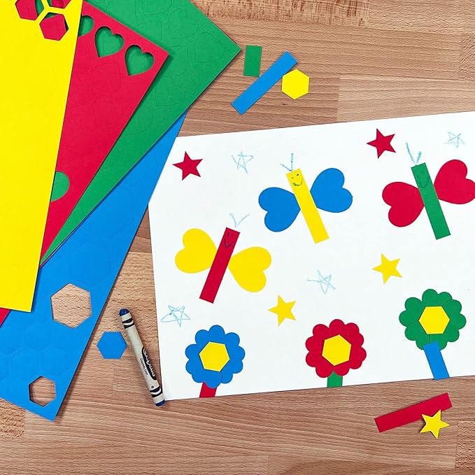 Basic Shapes 2: Hearts, Stars, Hexagons, Rectangles, 696 Pieces US Made Card Stock Punch Out Geometric Shapes in 3 Sizes and 4 Primary Colors for Math, Pattern Play and DIY Crafting