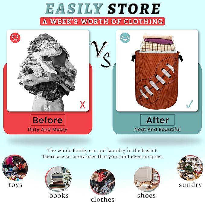 Football Laundry Basket Foldable With Handles American Ball Tote Bag Oxford Cloth Funny Laundry Hamper Clothes Storage Bucket Toy Organizer For Bathroom/Laundry/Bedroom 18.9" x 16.5 "