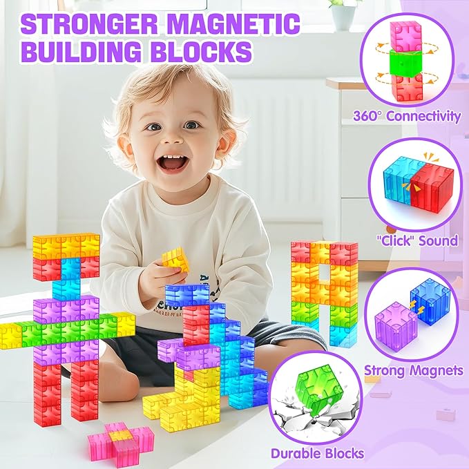 Magnetic Blocks - 32pcs Translucent Magnetic Building Blocks for Toddlers 1-3, STEM Rainbow Magnet Cubes for Kids Ages 2-4, Magnet Toys for Kids 3-5, Christmas Birthday Gifts for Girls & Boys