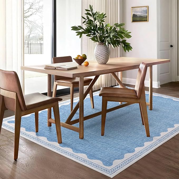 Scalloped Washable Rugs for Living Room, Solid Blue 6x9 Area Rugs for Bedroom Girls, Non Slip Scalloped Rug with Rubber Back, Soft Dorm Nursery 6x9 Rugs for Dining Room