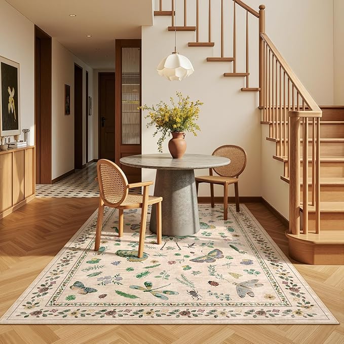 3x5 Washabl Rug with Insect Print - Bug Rug Non-Shedding Stain Resistant Soft Small Carpet for Bedroom, Low Pile Ultra-Thin Machine Washable Carpet for Nursery,Entrance, Office (3'x5' Beige)