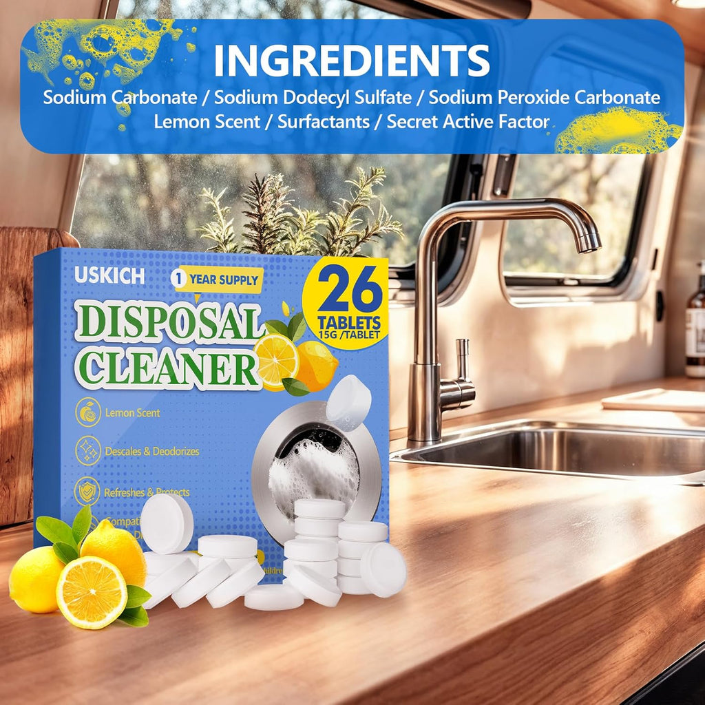 Garbage Disposal Cleaner Deodorizer Tablets 26Pack,XL Powerful Foaming Kitchen Sink Cleaners- Fresh Lemon Scented Disposal Cleaner, Natural Drain Garbage Disposer Cleaning- 1 Year Supply
