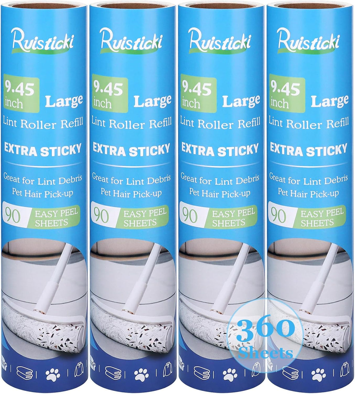 9.45 inch Lint Roller Refills for Large Long Handle Lint Rollers for Carpet 9.45'' Extra Sticky Floor Lint Roller 4 Pack of Refills Only, 90 Sheets per Refill, 360 Sheets Total