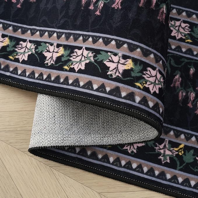 2x6 Runner Rug Impressionist-Style Vintage Kitchen Rugs Non Slip Washable Soft Carpet Runner for Kitchen Laundry Bedroom Bathroom, Black