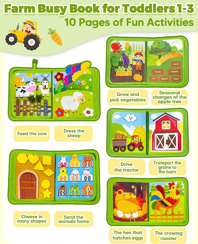 Busy Book for Toddlers 1-3, Montessori Toys for 1 2 Year Old Boy Girl Birthday Gifts, Busy Board Educational Learning Toys for 1+ Year Old, Toddler Airplane Travel Toy Farm Animals Activity Books