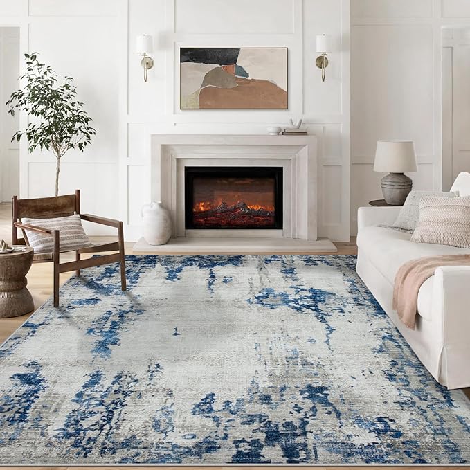 9x12 Area Rugs for Living Room Rug Washable: Modern Large Rug for Dining Room Bedroom Carpet Non Slip 9 by 12 Indoor Abstract Nursery Home Office Blue White