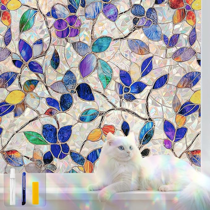 Stained Glass Window Privacy Film Decorative Rainbow Static Clings – Ideal for Home & Office, Adhesive-Free, Removable, UV-Blocking (Purple Rainbow, 35.4 X 78.7 in)