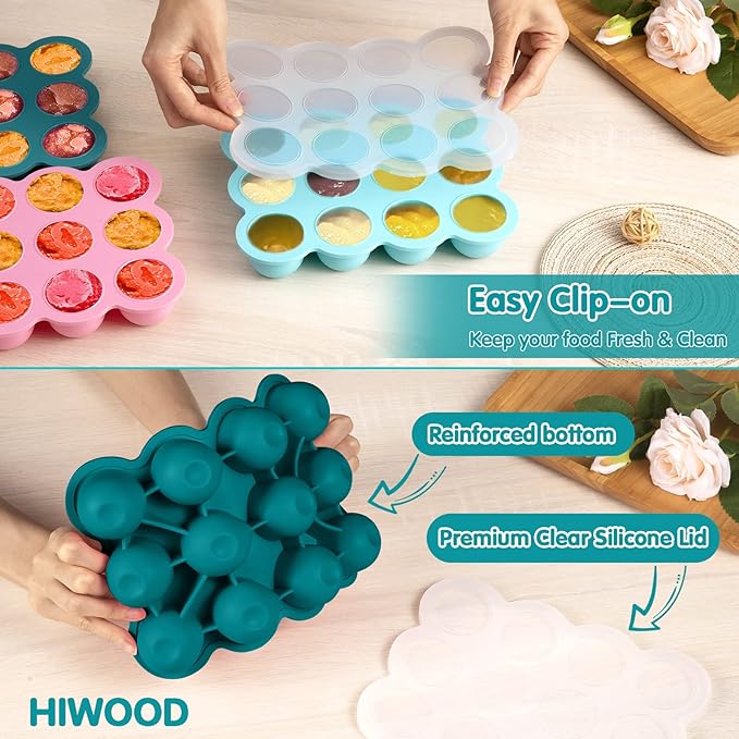 Baby Food Storage 12 x 1.5OZ Silicone Freezer Tray with Lid, Food Grade Silicone Containers for Purees & Vegetables Teal Blue