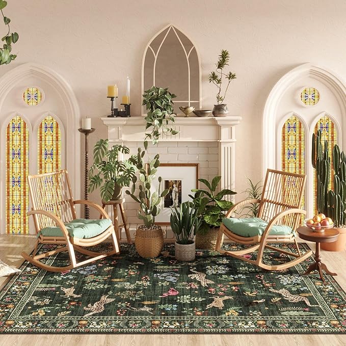 Rugcomf Living Room Rug 5x7 Rug Machine Washable Boho Area Rug Non Slip Floral Animal Vintage Low Pile Large Rugs for Living Room, Bedroom, Farmhouse, Dining Room, Kids Playroom (Green)