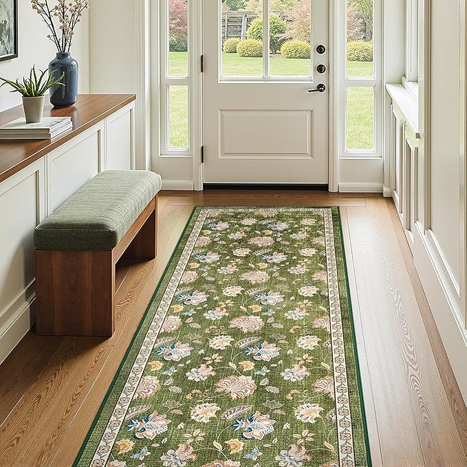 jinchan 3x8 Floral Runner Rug for Hallway Washable Kitchen Runner Vintage Romance Design Non Slip Thin Indoor Floor Cover Low-Profile Throw Carpet for Entryway Bathroom Bedroom Porch, Green